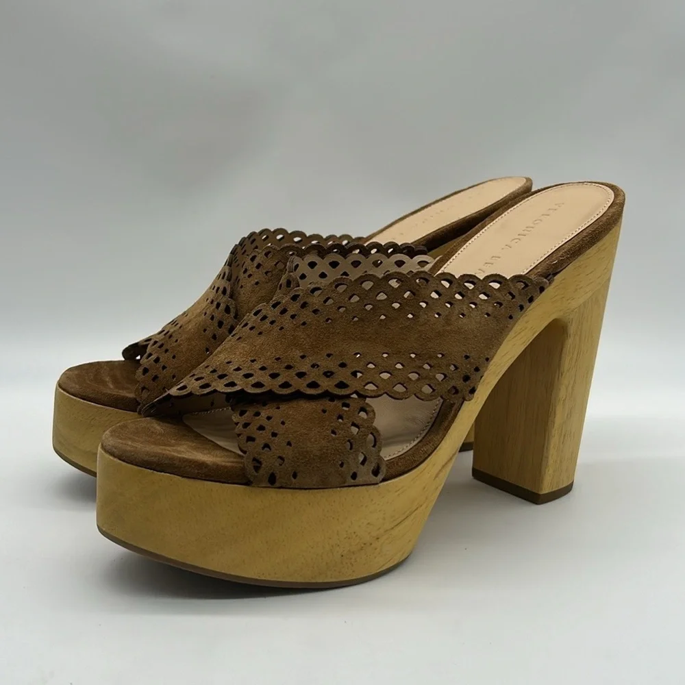 Veronica Beard Gaynor Platform Mules Women’s 9 Brown Suede Laser Cut Wooden Heel